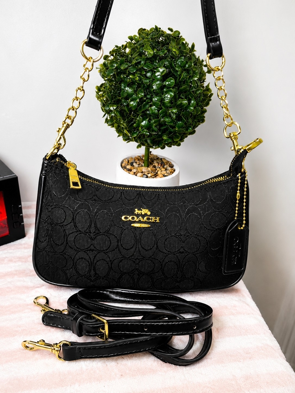 Coach Black Signature Jacquard Shoulder Bag with Gold Accents